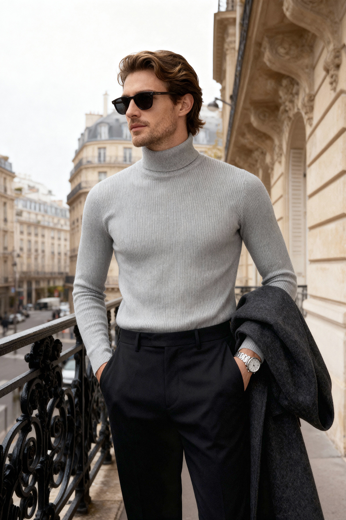 Trendyol Collection Šedý rolák se šňůrou - Bavlna, Slim Fit Tmnaw20Mg0031