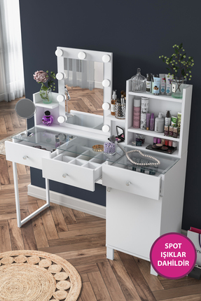 Rani Mobilya Rani BJ139 Hollywood Işıklı Aynalı Kulis Makyaj Masası 3 Çekmece...