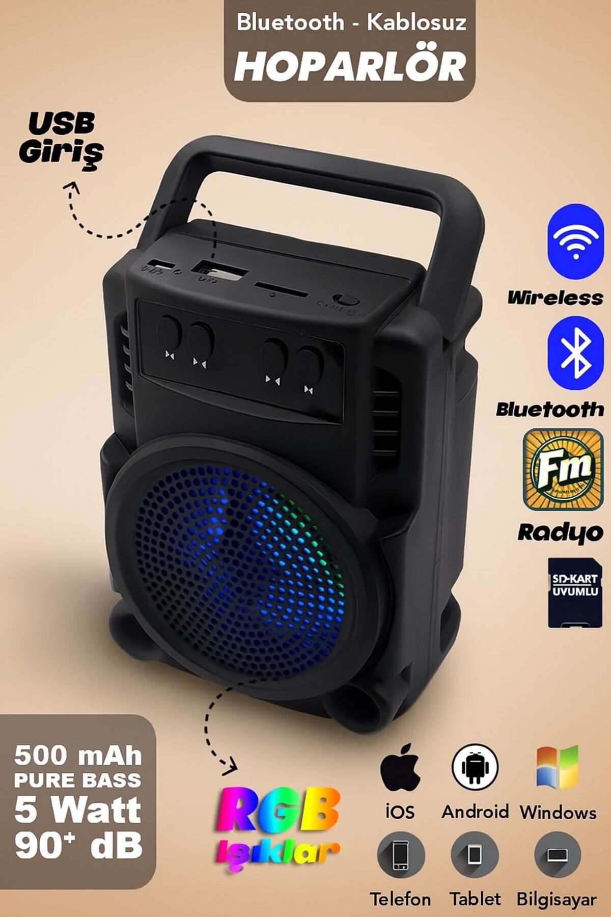 MATEO LED Işıklı Bluetooth Kablosuz Hoparlör | Taşınabilir Şarjlı Speaker | USB TF Kart Destekli | FM