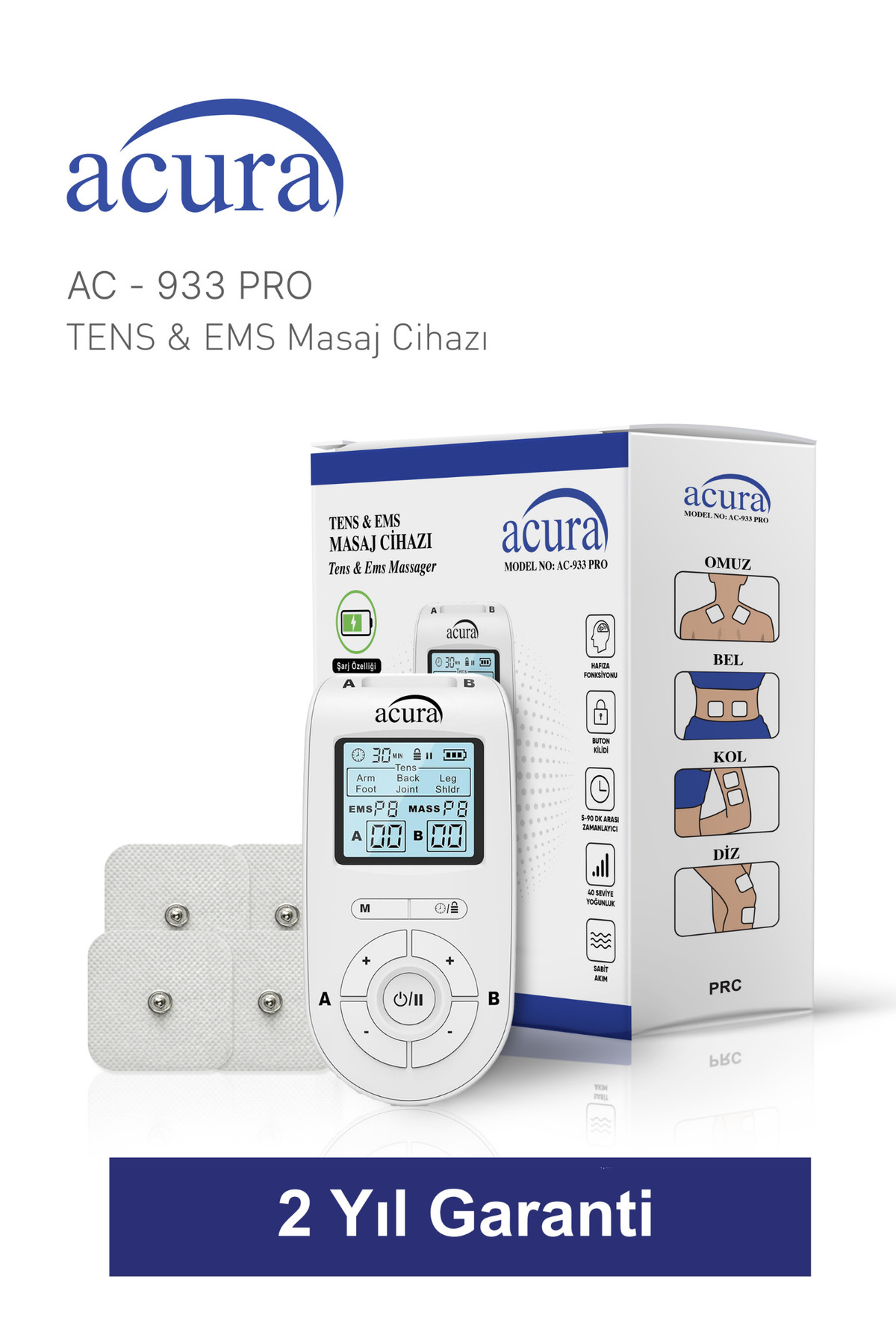 Acura AC-933 PRO Şarj Edilebilir Çift Kanallı 22 Programlı Profesyonel Tens Cihazı