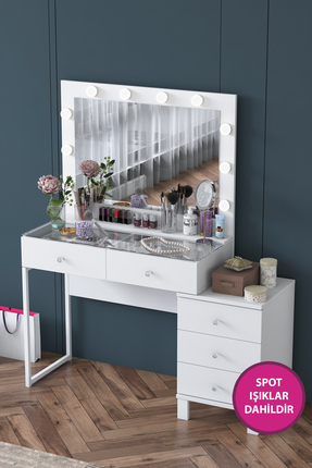 Rani Mobilya Rani BJ150 Hollywood Işıklı Aynalı Kulis Makyaj Masası 5 Çekmece...