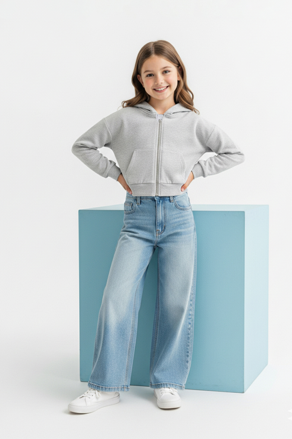 Trendyolmilla  Gri Melanj Pamuklu Crop Fit Düz/Basic Kapüşonlu Overize Örme Kız Çocuk Hırka TKDAW26HI00001 - Görsel 2