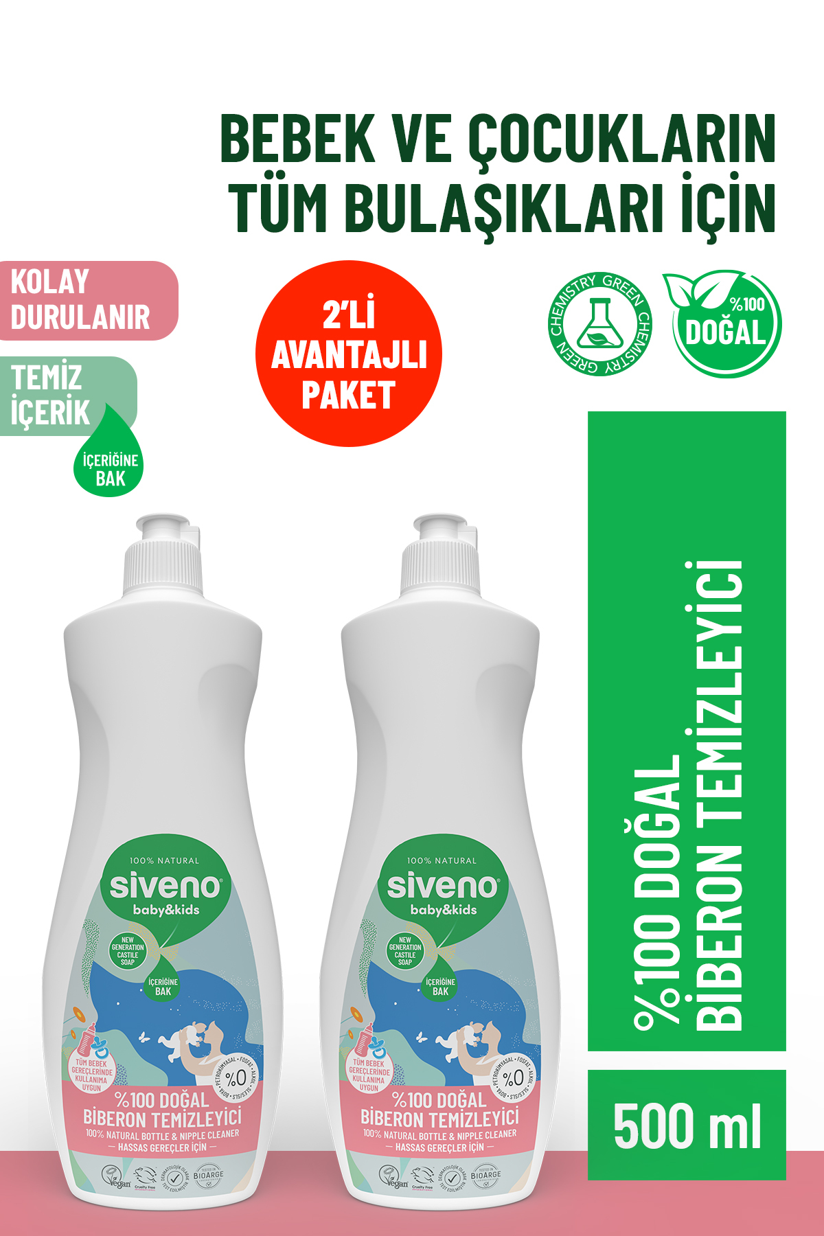 Siveno %100 Doğal Emzik Ve Biberon Temizleyicisi Elde Bulaşık Sabunu Nemlendirici 500 ml X 2 Adet