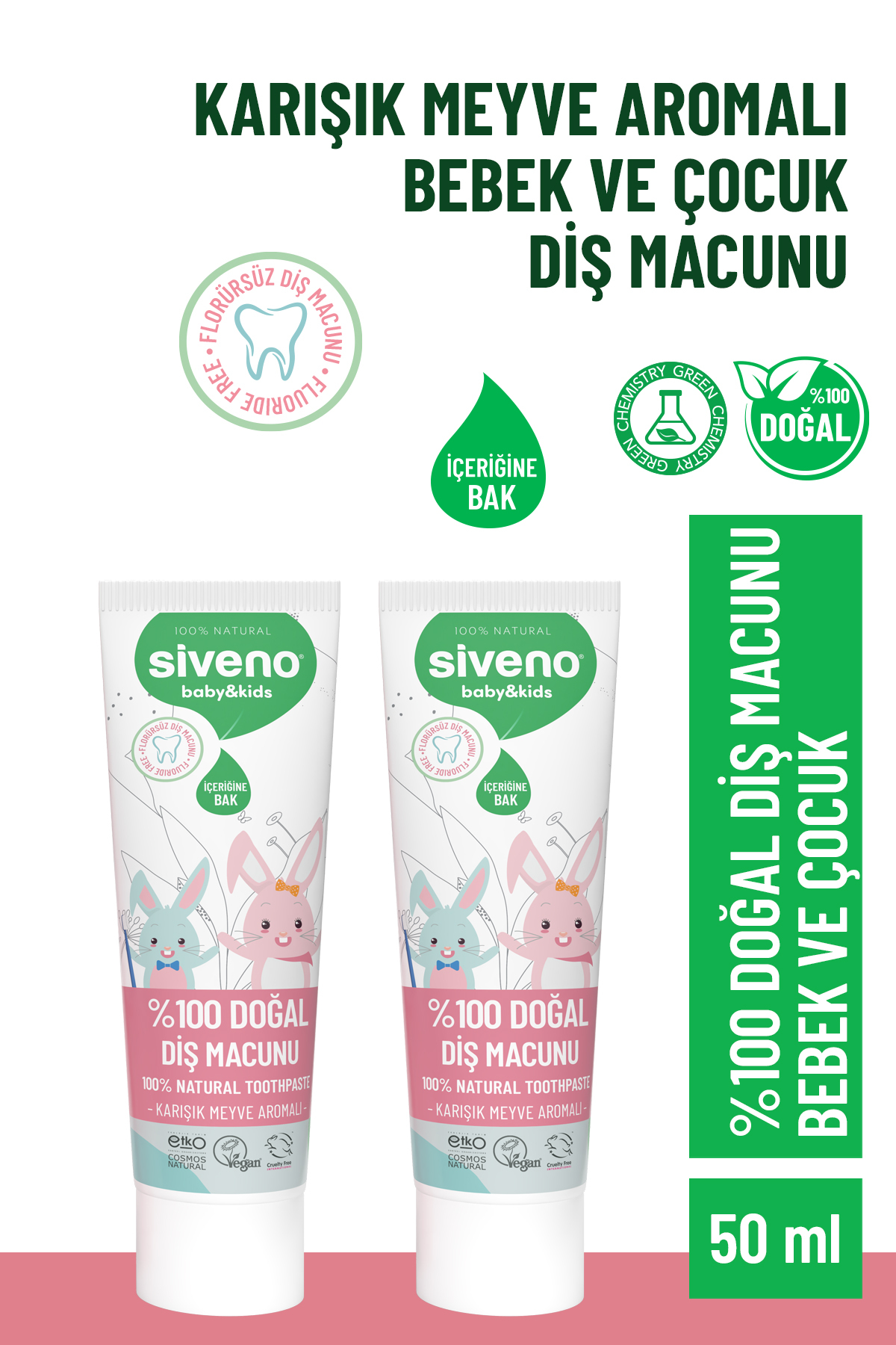 Siveno %100 Doğal Florürsüz Karışık Meyve Aromalı Bebek ve Çocuk İçin Diş Macunu 50 ml X2 Adet