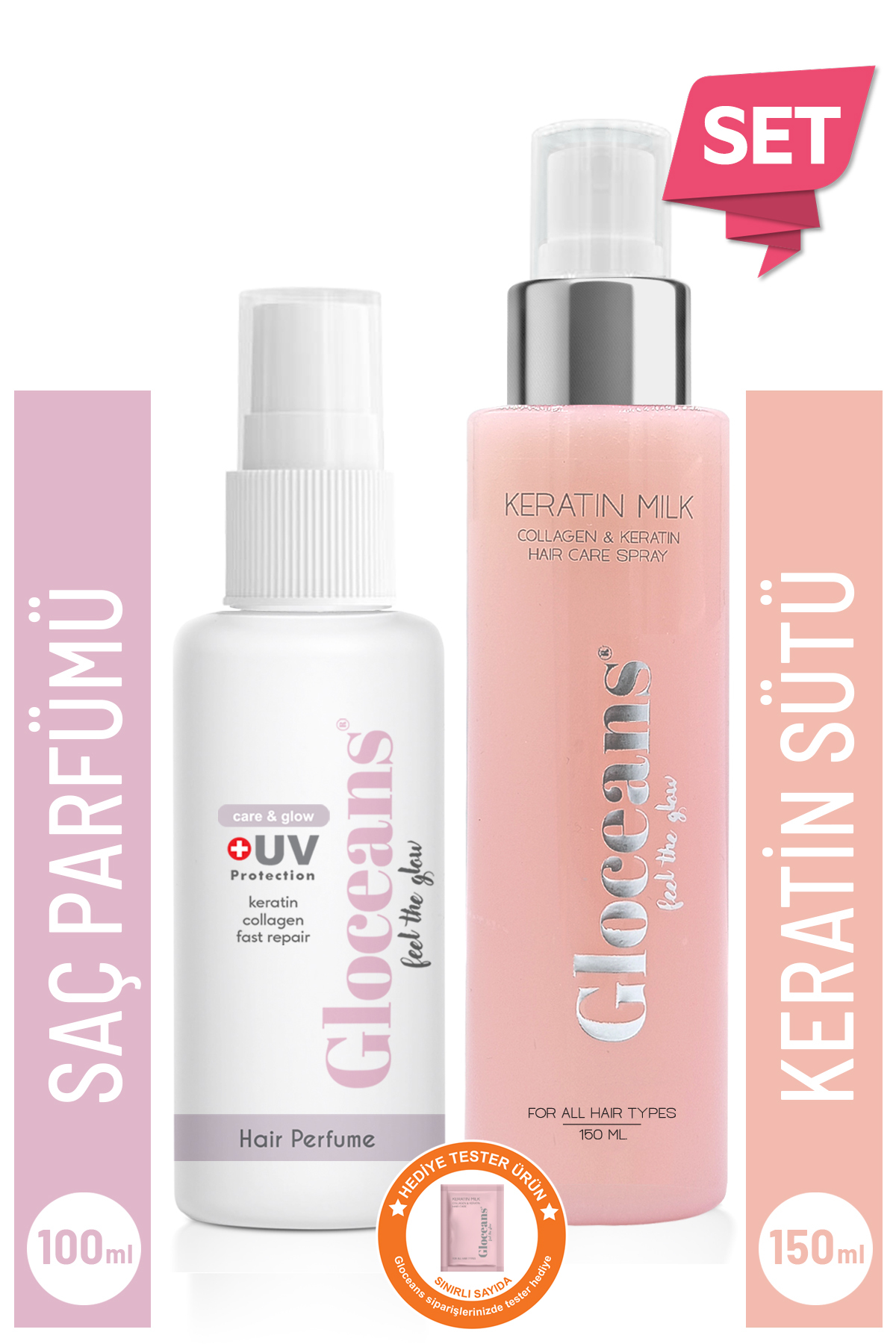 gloceans feel the glow Keratin Kolajen Saç Bakım Sütü 150ml ve Care&Glow Saç Parfümü 100ml Bakım Seti