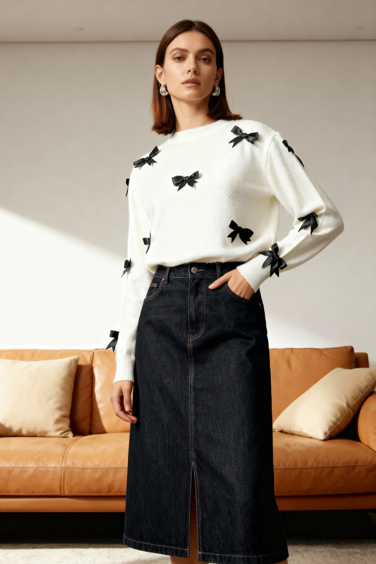 Trendyol Collection Měkký úpletový svetr - Ecru, stuha a detail mašle Twoaw25Kz00155