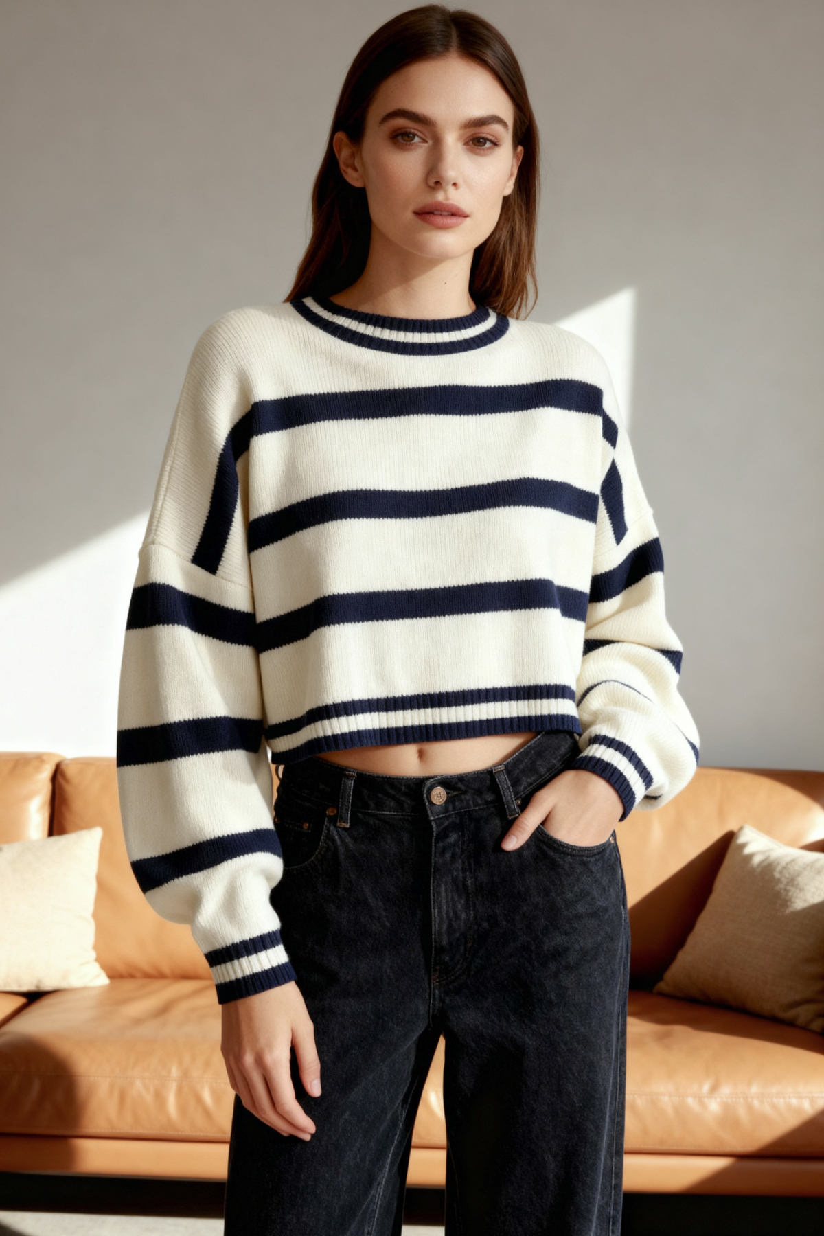 Trendyol Collection Ecru Crop csíkos kötöttáru pulóver TWOAW23KZ00205
