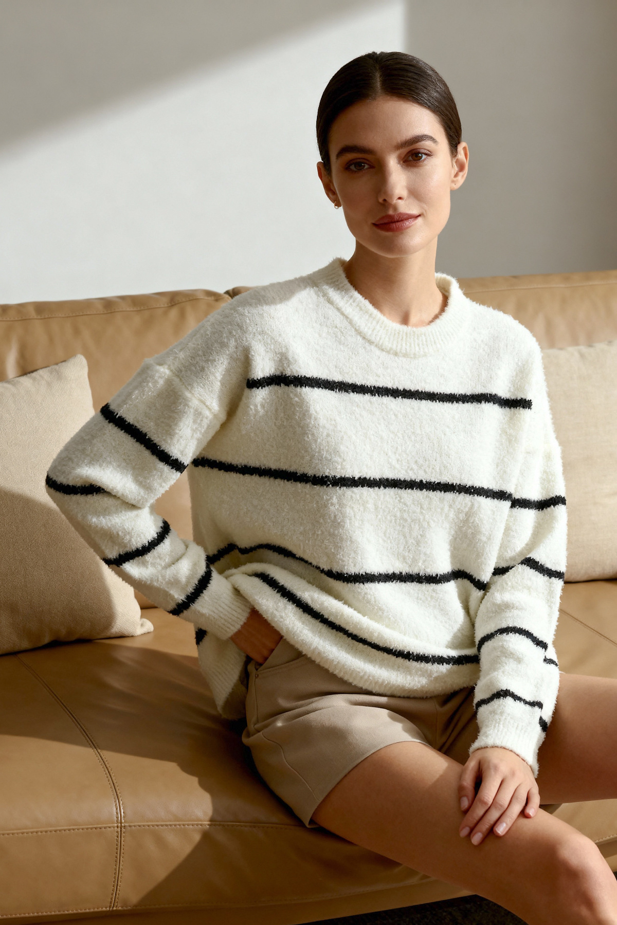 Trendyolmilla  Ekru Çizgili Geniş Kalıp Dokulu Triko Kazak TWOAW23KZ01863