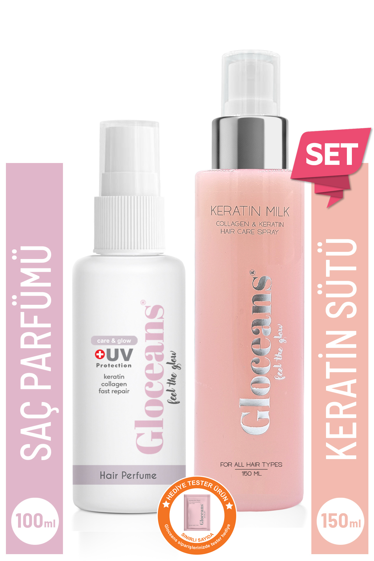 gloceans feel the glow Keratin Kolajen Saç Bakım Sütü 150ml ve Care&Glow Saç Parfümü 100ml Bakım Seti