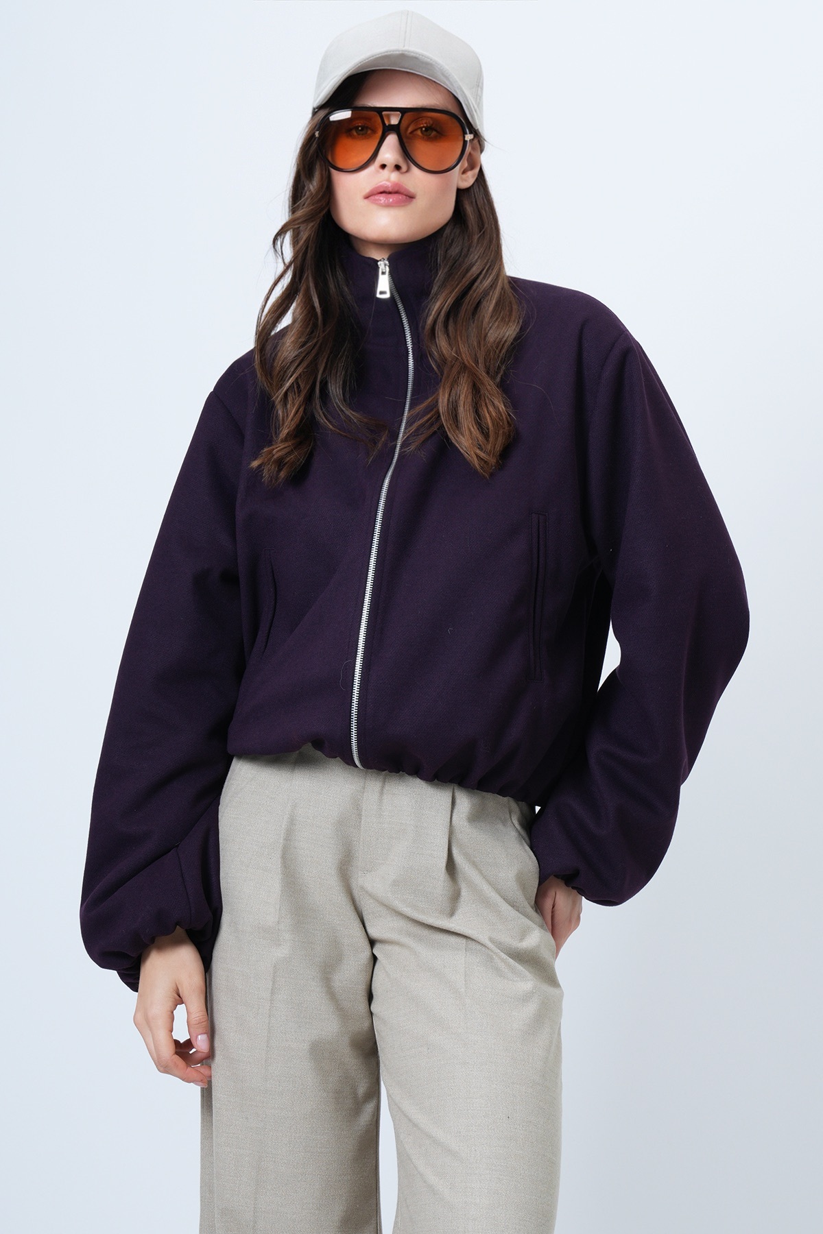 Trend Alaçatı Stili  Mor Dik Yaka Beli Lastikli Bomber Ceket ALC-X14692 - Görsel 2