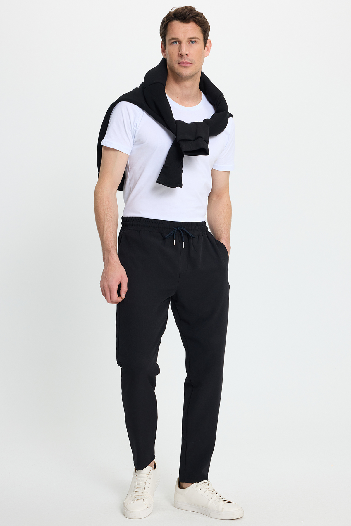 Tudors  Erkek Regular Fit Beli Lastikli Bağcıklı Jogger Siyah Pantolon Rahat Kesim Yan Cepli - Görsel 5