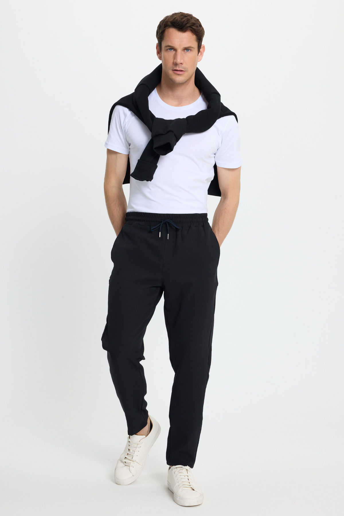 Tudors  Erkek Regular Fit Beli Lastikli Bağcıklı Jogger Siyah Pantolon Rahat Kesim Yan Cepli - Görsel 6