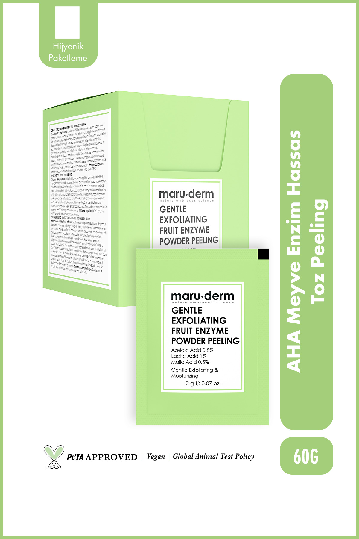 Maru.Derm AHA Meyve Enzim Hassas Toz Peeling 60 G (Azelaik Asit 0,8%+Laktik Asit 1%+Malik Asit 0.5%)