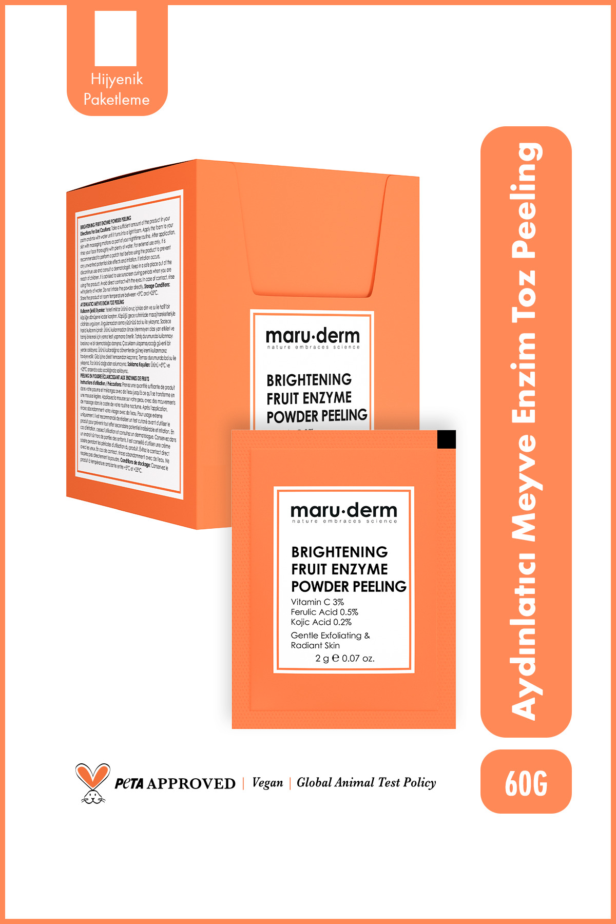 Maru.Derm Aydınlatıcı Meyve Enzim Toz Peeling 60 G (Vitamin C 3% + Ferulic Acid 0,5% + Kojic Acid 0,2%)
