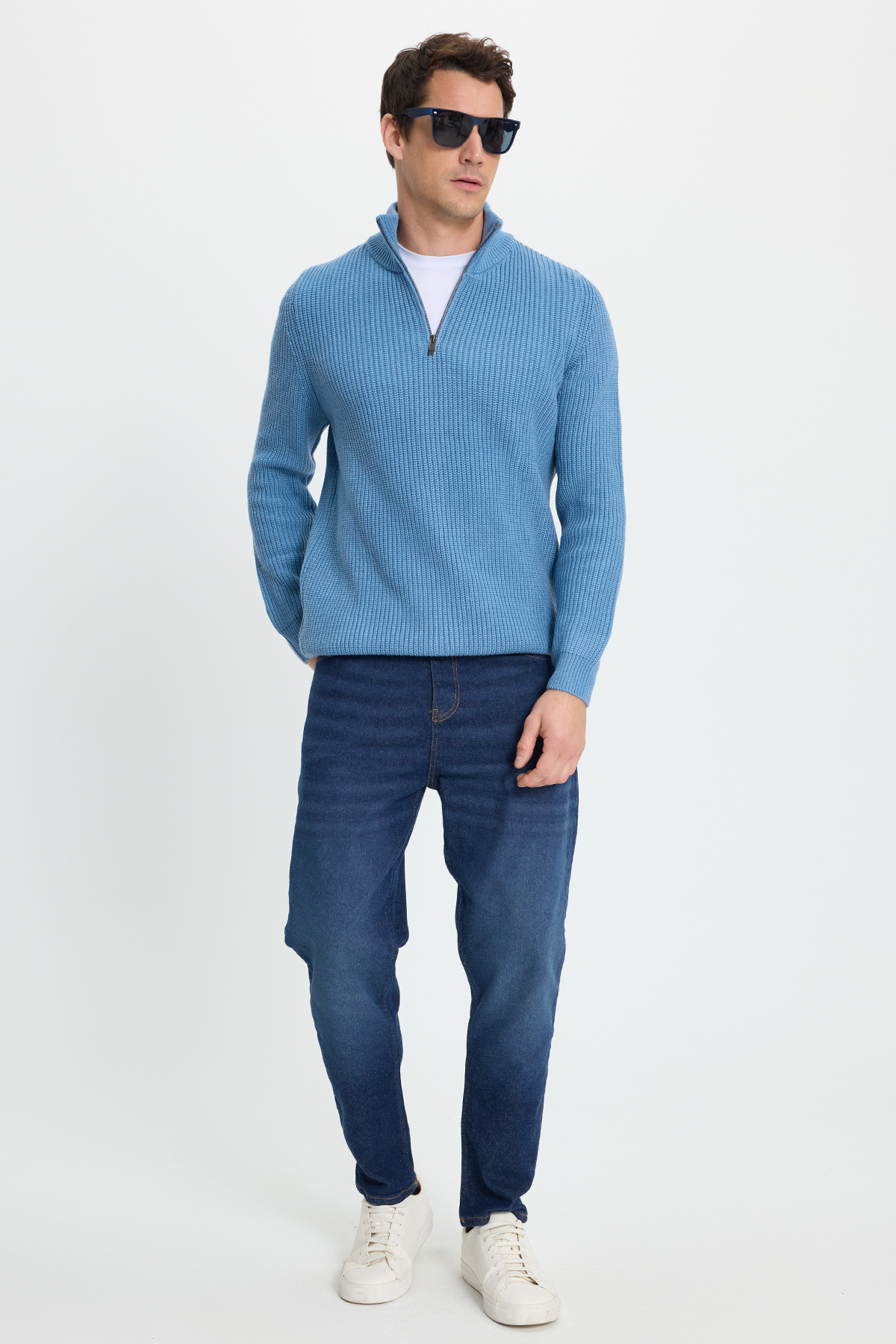 Erkek Slim Fit Dar Kesim Fermuarlı İndigo Dik Yaka Triko Kazak — رنگارنگ KZ230013 — تصویر 6 از 9