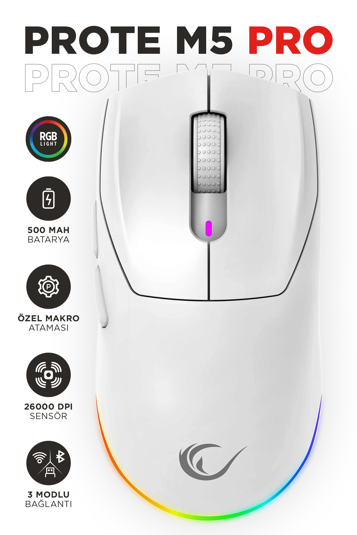 Rampage PROTE M5 PRO Kablosuz Beyaz RGB Ledli Şarjlı 26000 DPI 3395 Sensor Gaming Oyuncu Mouse