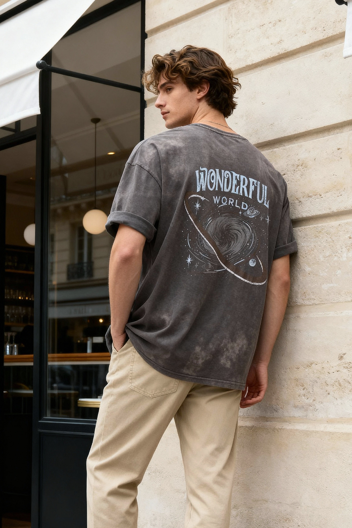 Trendyolmilla Man Antrasit Oversize/Geniş Kesim Eskitme/Soluk Efekt Galaksi Baskılı T-Shirt TMNSS25TS00102