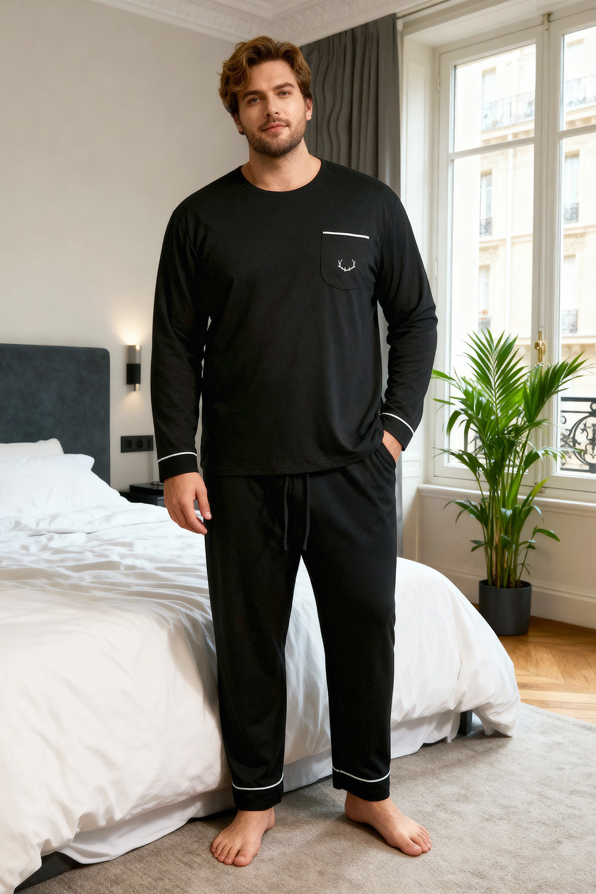 Trendyolmilla Man Siyah Büyük Beden Nakışlı Cep Detaylı Örme Pijama Takımı TMNAW26AI00003