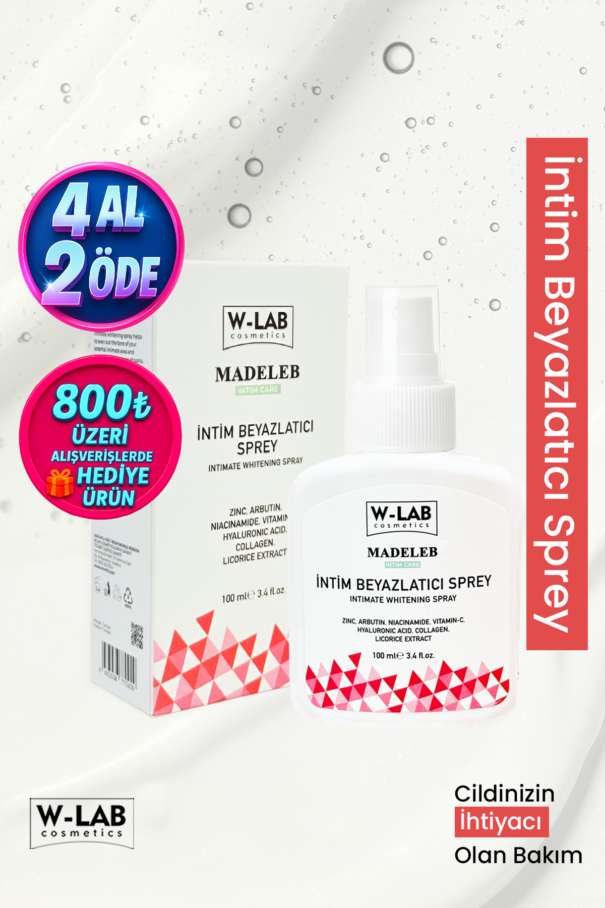 W-Lab Kozmetik İntim Beyazlatıcı Sprey 100 ML  Beyazlatıcı Koku, Mantar Önleyici Kaşıntı ve Tahrişe Karşı Etkili