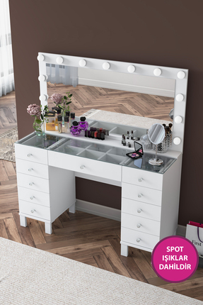 Rani Mobilya Rani BJ137 Hollywood Işıklı Aynalı Kulis Makyaj Masası 11 Çekmec...