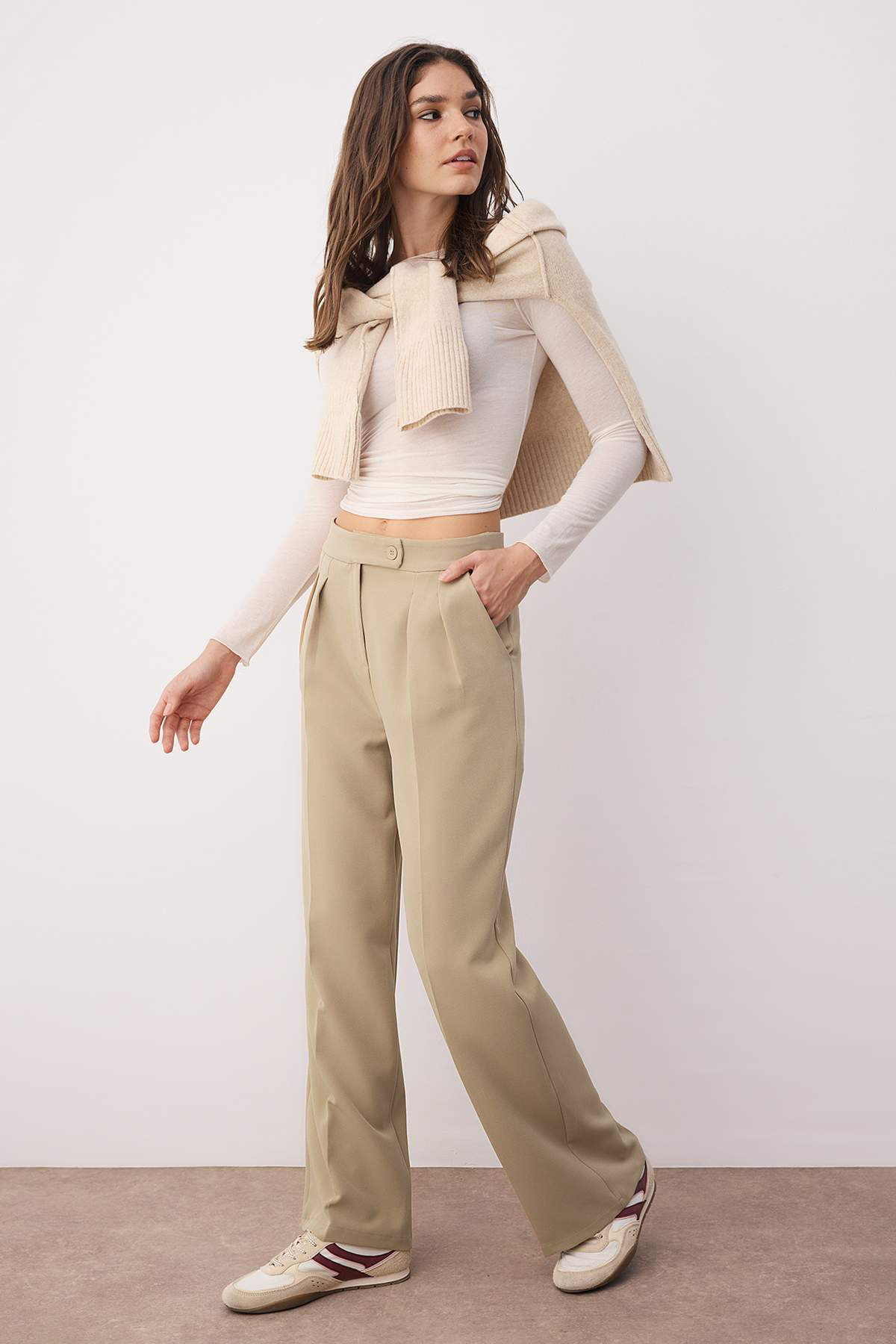 Trendyolmilla  Vizon Wide Leg/Geniş Paça Yüksek Bel Dokuma Kumaş Pantolon TWOAW22PL0066 - Görsel 3