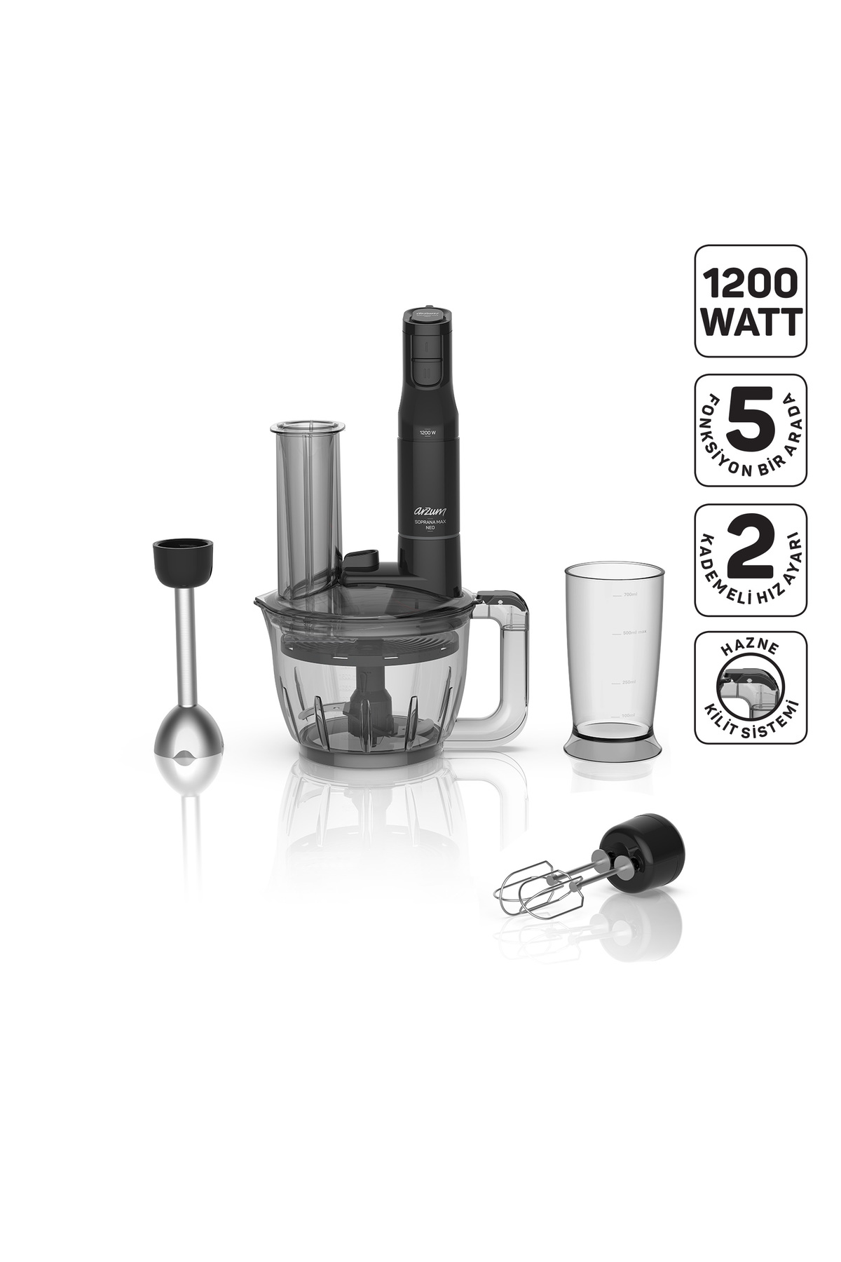 Arzum Soprano Max Neo Multi Blender Seti 5 Fonksiyonlu 1200W Siyah - AR1187