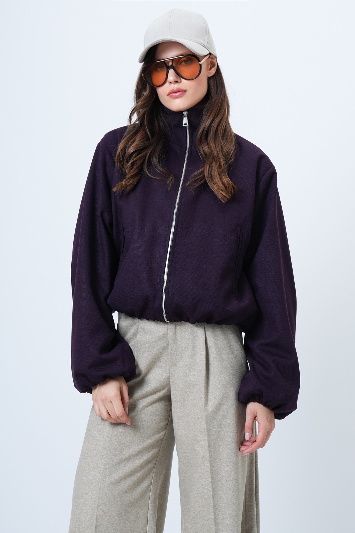 Trend Alaçatı Stili  Mor Dik Yaka Beli Lastikli Bomber Ceket ALC-X14692 - Görsel 3