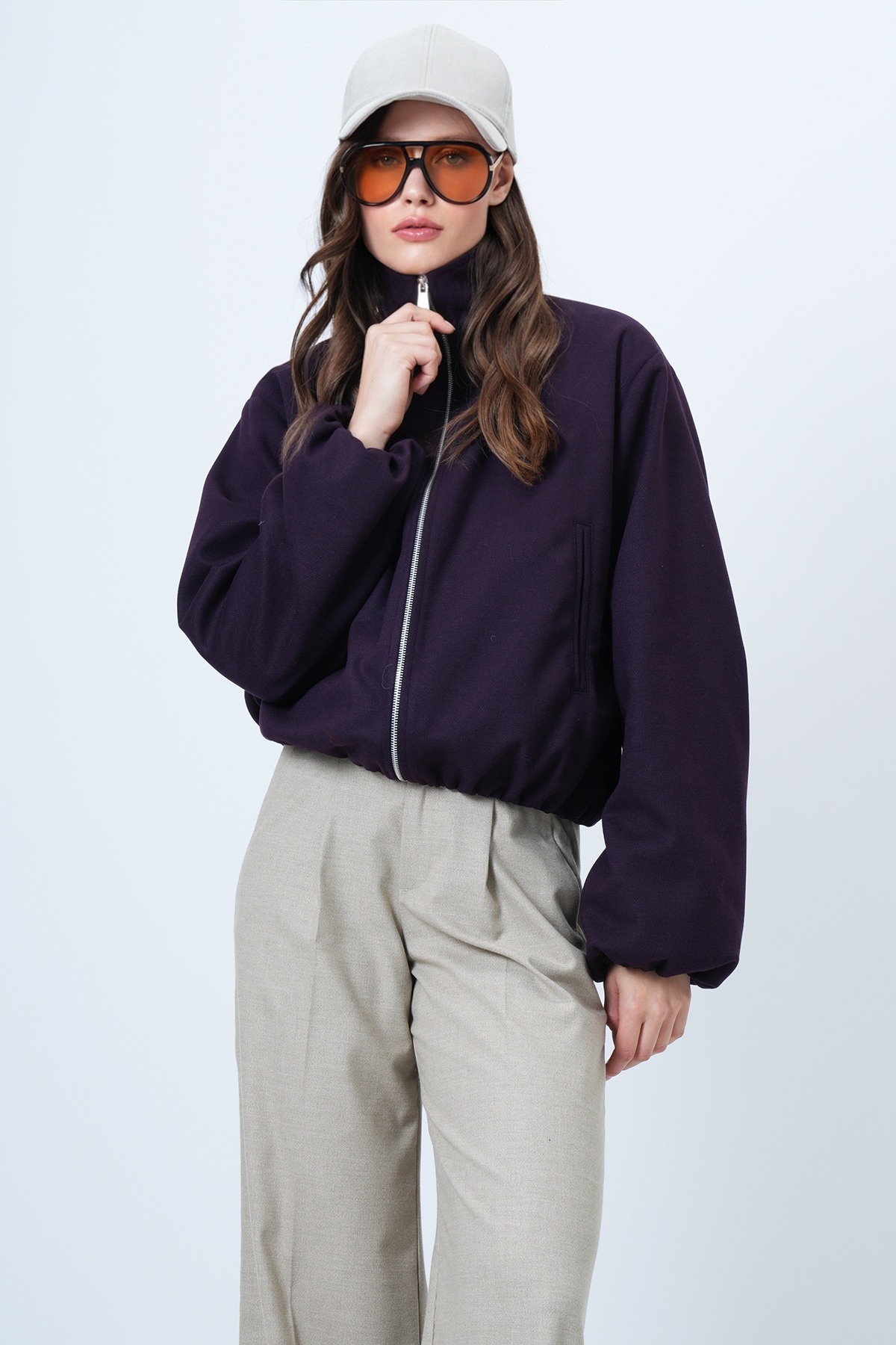 Trend Alaçatı Stili  Mor Dik Yaka Beli Lastikli Bomber Ceket ALC-X14692 - Görsel 5