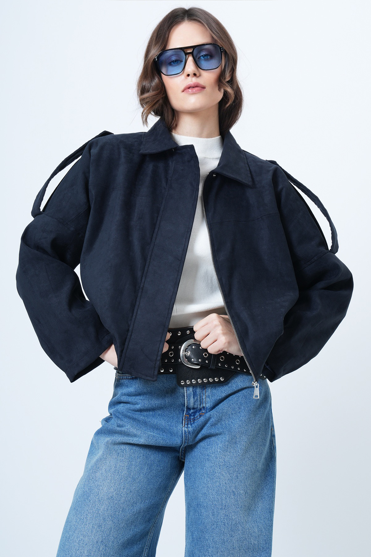 Navy Blue Lined Faux Suede Bomber Jacket with Shoulder Epaulette ALC-X14526