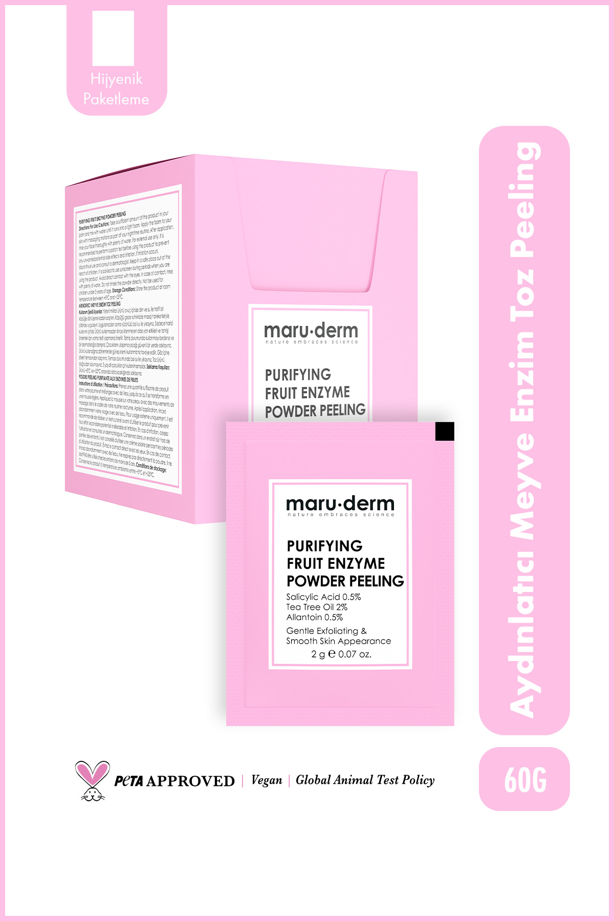 Maru.Derm Arındırıcı Meyve Enzim Toz Peeling 60 G (Salisilik Asit 0.5% + Çay Ağacı Yağı 2% + Allantoin 0.5%)