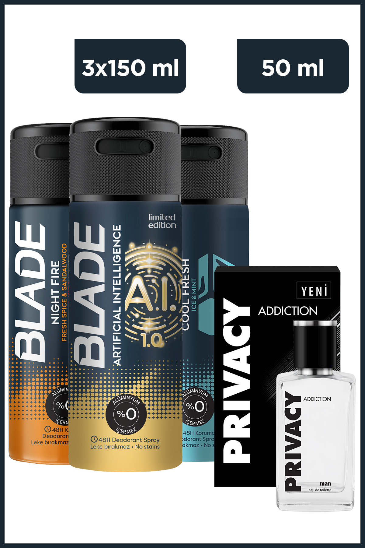 Privacy Addiction Men Edt 50 ml Parfüm & Blade Cool Fresh ,Night Fire,Artificial Intelligence 1.0 3x150 Ml