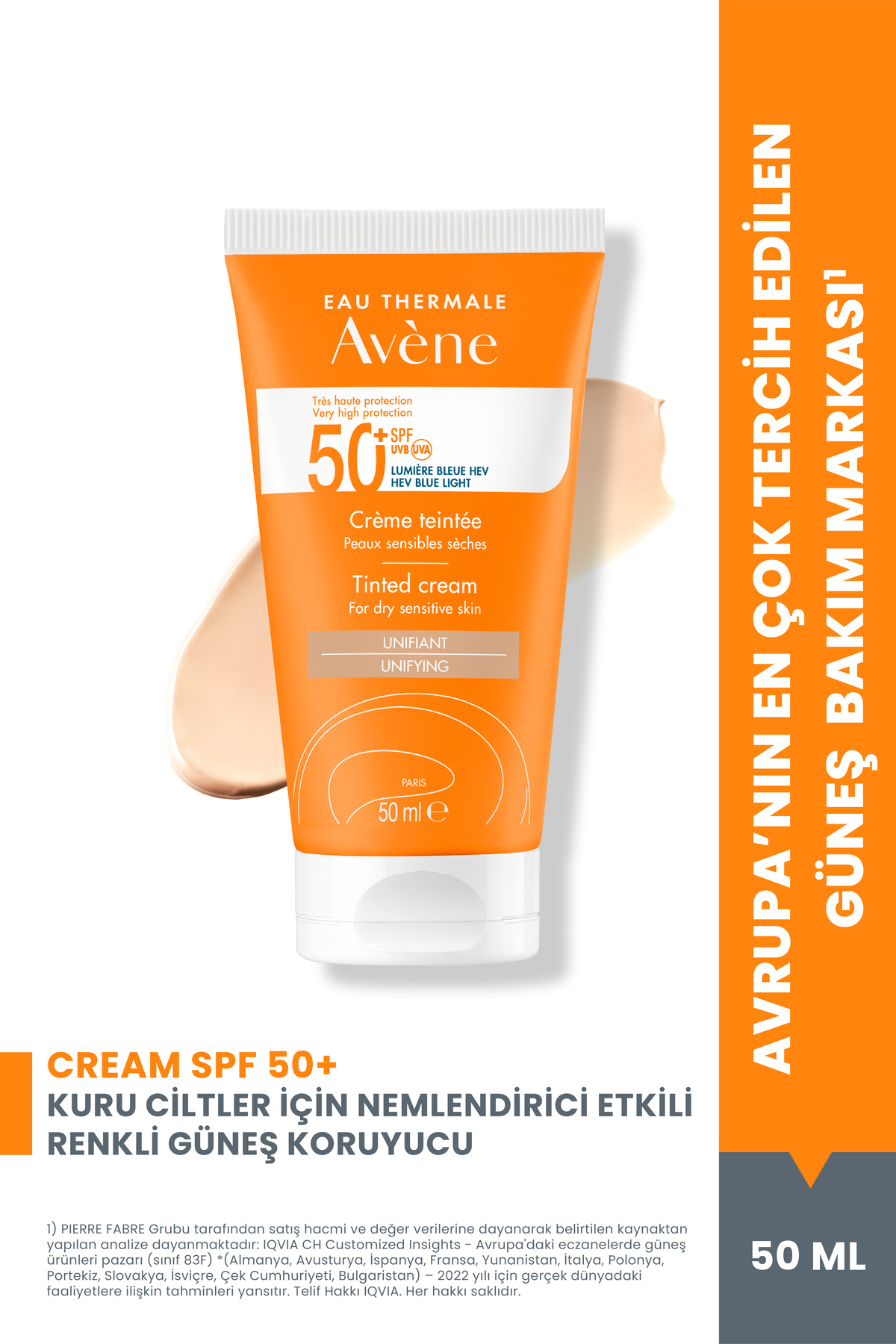 Avene Cream SPF 50+ Kuru Ciltler için Yüksek Korumalı Renkli Güneş Kremi 50 ml