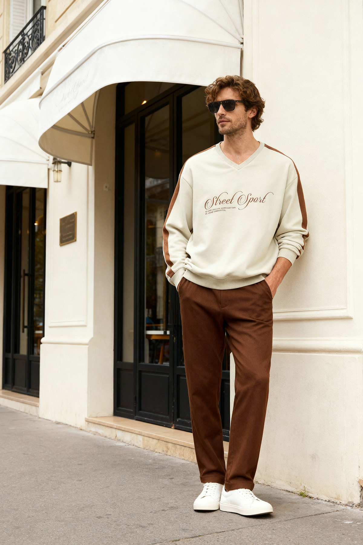 Trendyolmilla Man Taş More Sustainable Oversize/Geniş Kesim V Yaka Yazı Baskılı Şardonsuz Sweatshirt TMNAW25SW00208