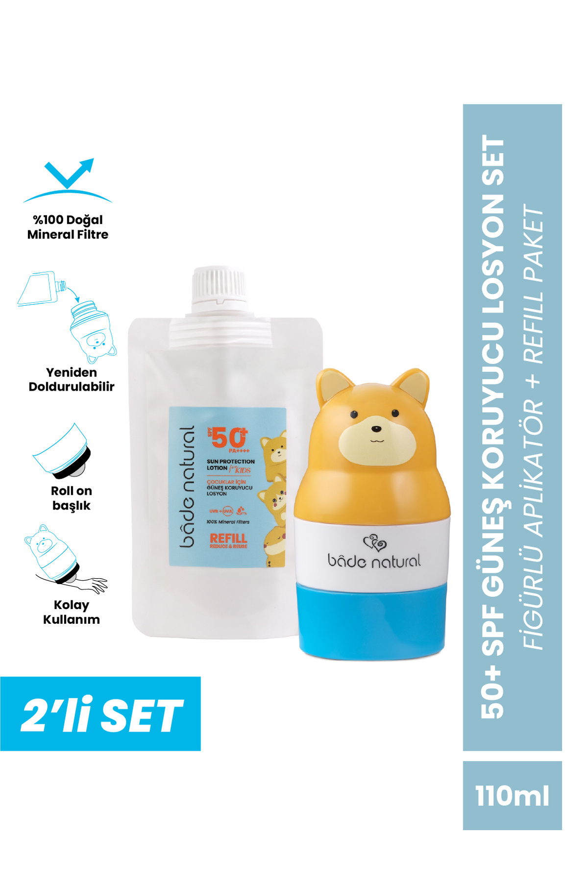 Çocuk Güneş Koruyucu Losyon 50+ SPF %100 Doğal Refill Paket + Ayı Figürlü Aplikatör Set