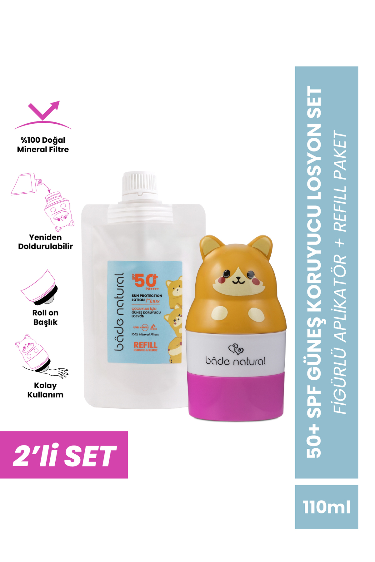 Bade Natural Çocuk Güneş Koruyucu Losyon 50+ SPF %100 Doğal Refill Paket + Kedi Figürlü Aplikatör Set — BNS.0023
