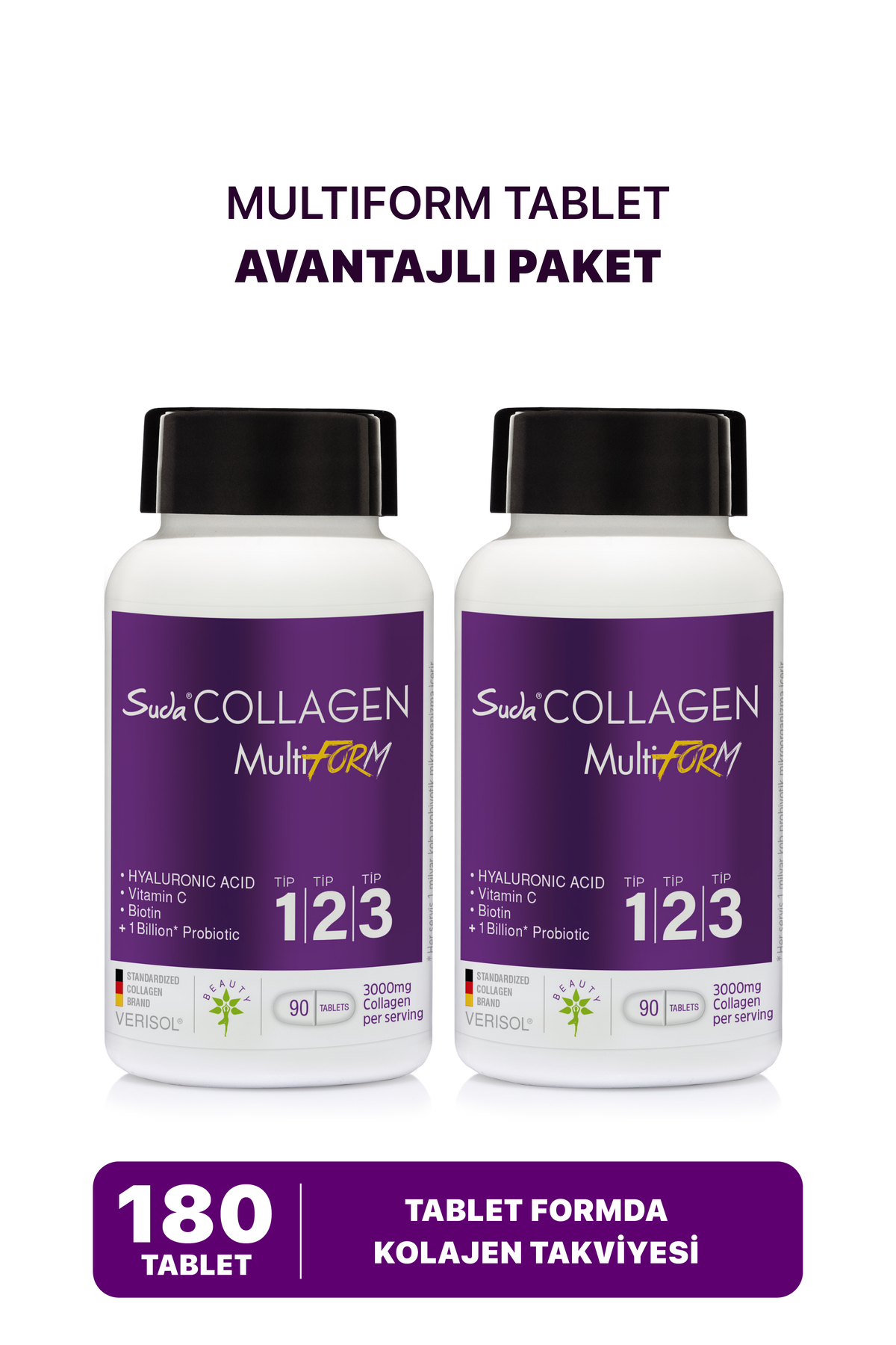 Suda Collagen Multiform Tablet - Tip I-II-III - C Vitamini,Hyaluronik Asit,Çinko,Biotin,Probiyotik | 90 Tablet x2
