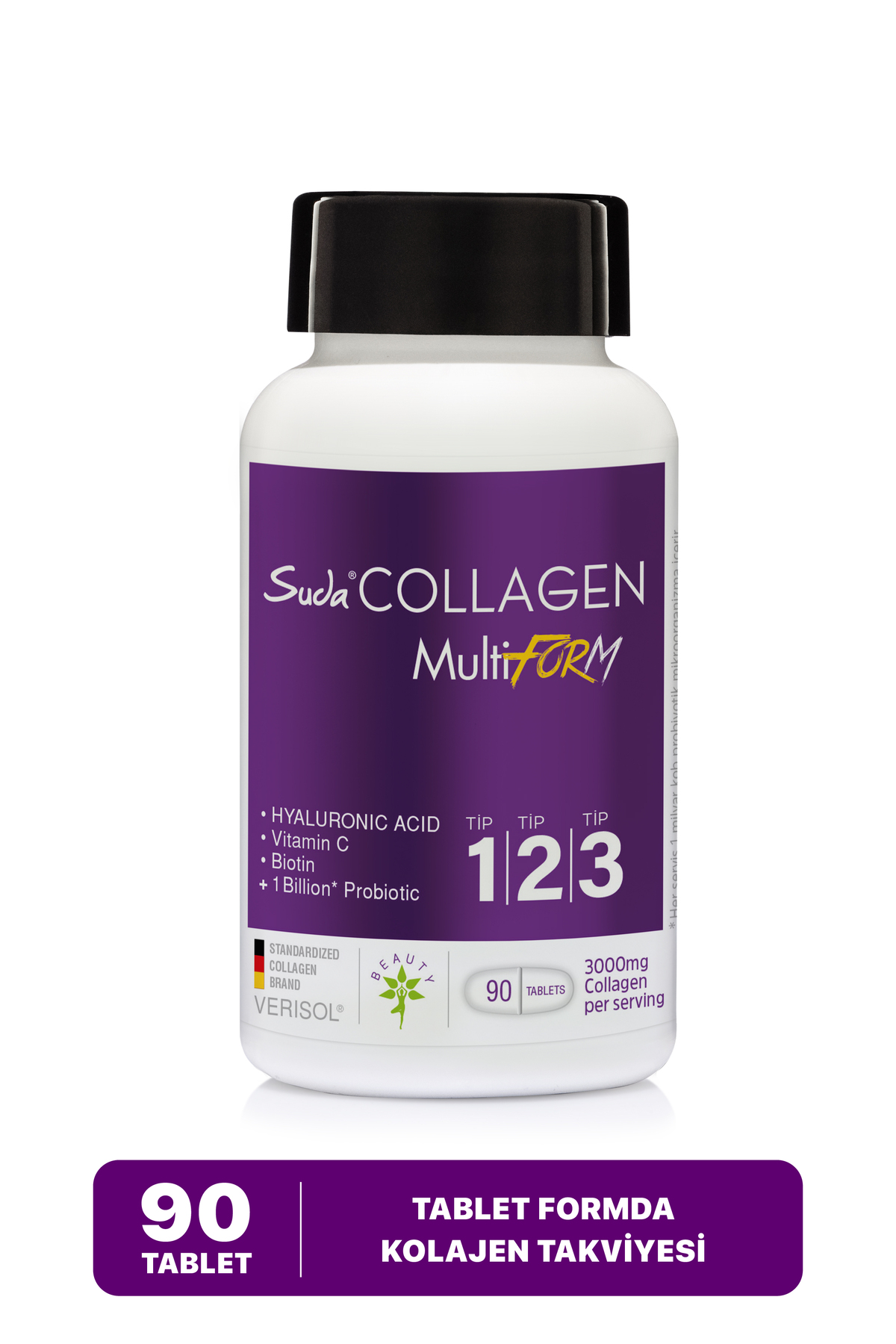 Suda Collagen Multiform Tablet - Tip I-II-III - C Vitamini, Hyaluronik Asit, Çinko, Biotin, Probiyotik | 90 Tablet