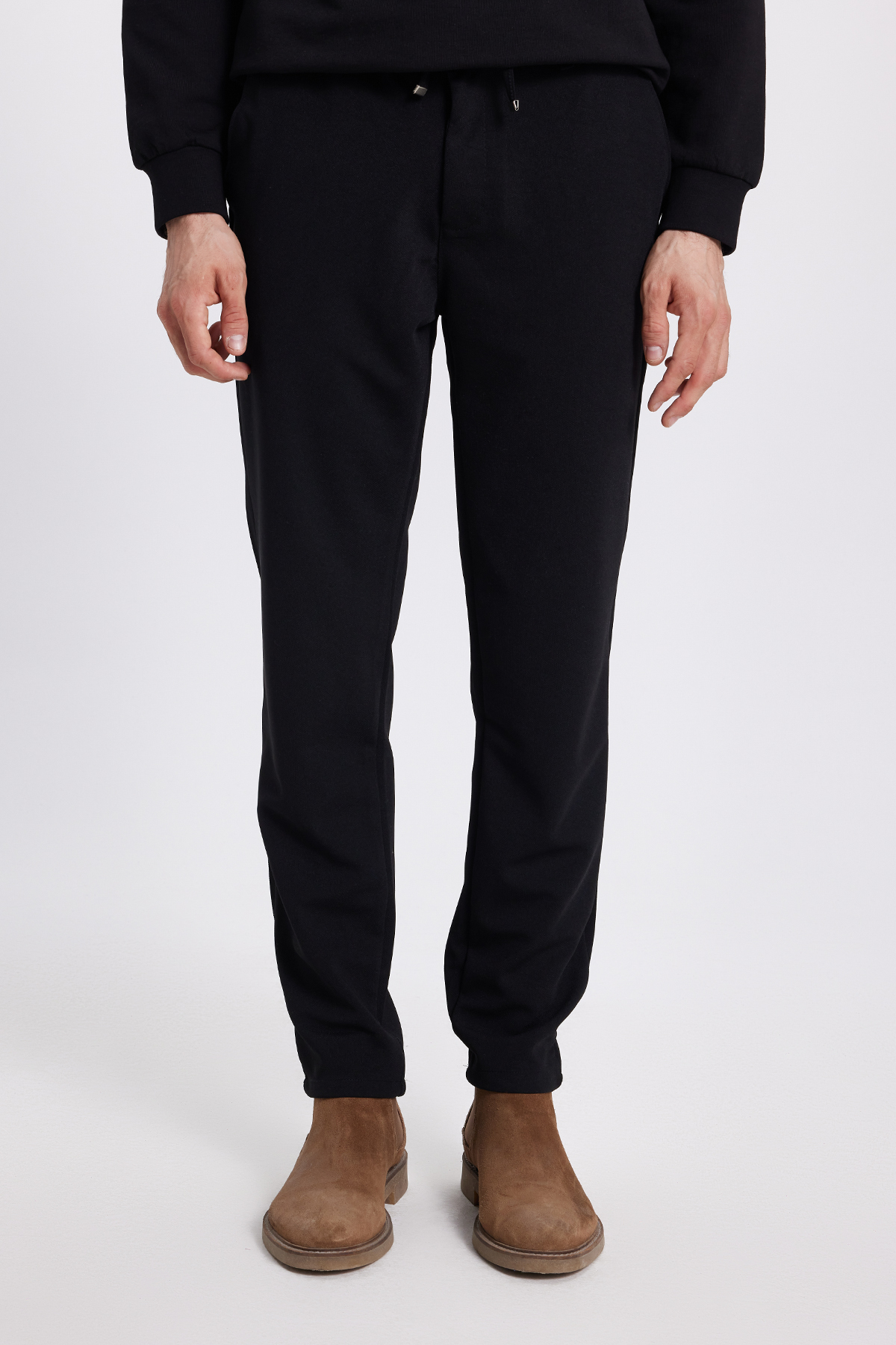 Tudors Erkek Slim Fit Dar Kesim Beli Lastikli Bağcık Detaylı Siyah Pantolon