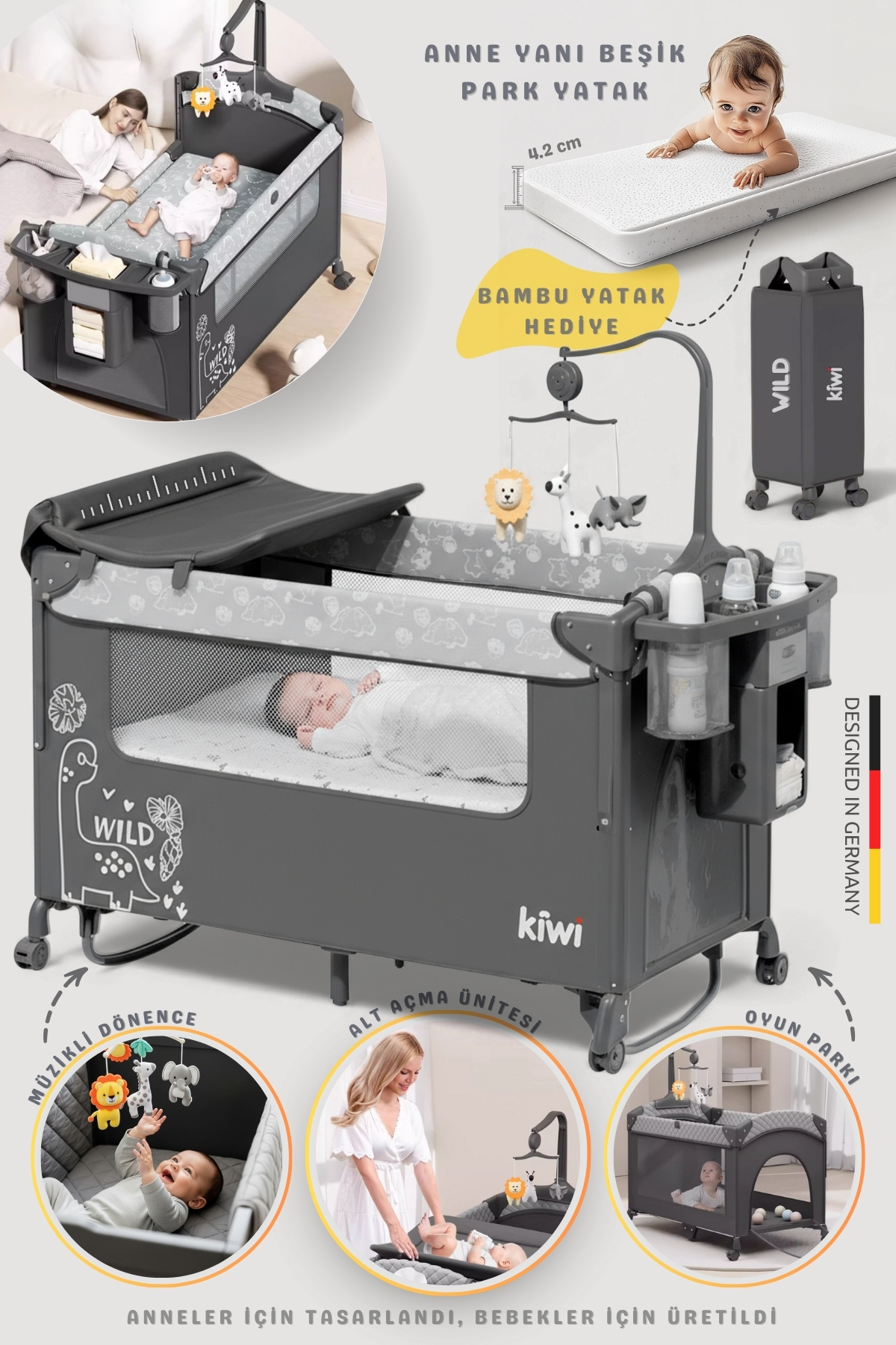 Kiwi WildNest 3in1 Anne Yanı Park Yatak Katlanır Beşik, Tekerlekli, Yan Açılır, Müzik+Oyuncak+Cibinlik