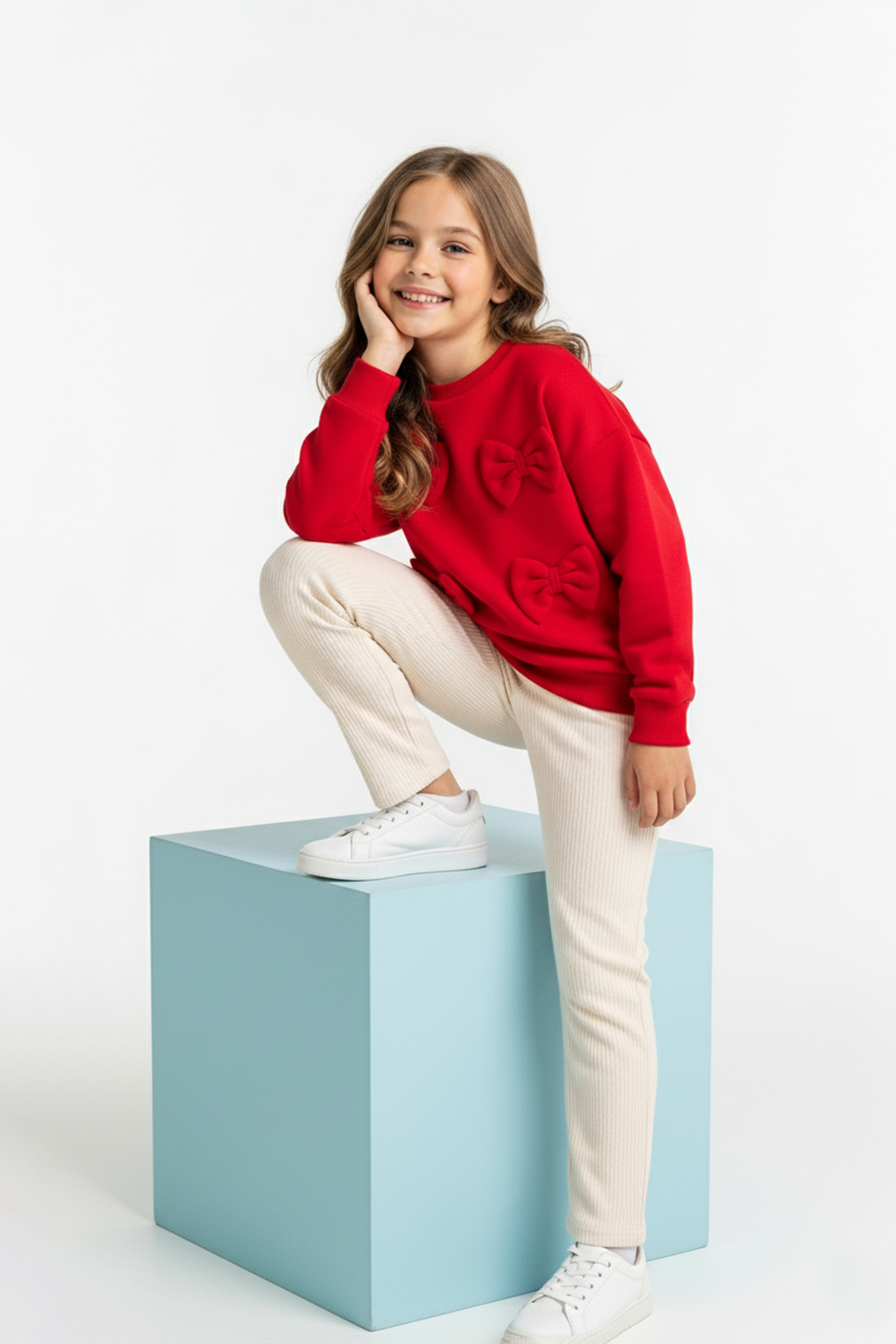 TRENDYOLKIDS Red Cotton Plain Crew Neck Oversize Girls' Knitted Bottom - Top Set Tkdaw26Au00021