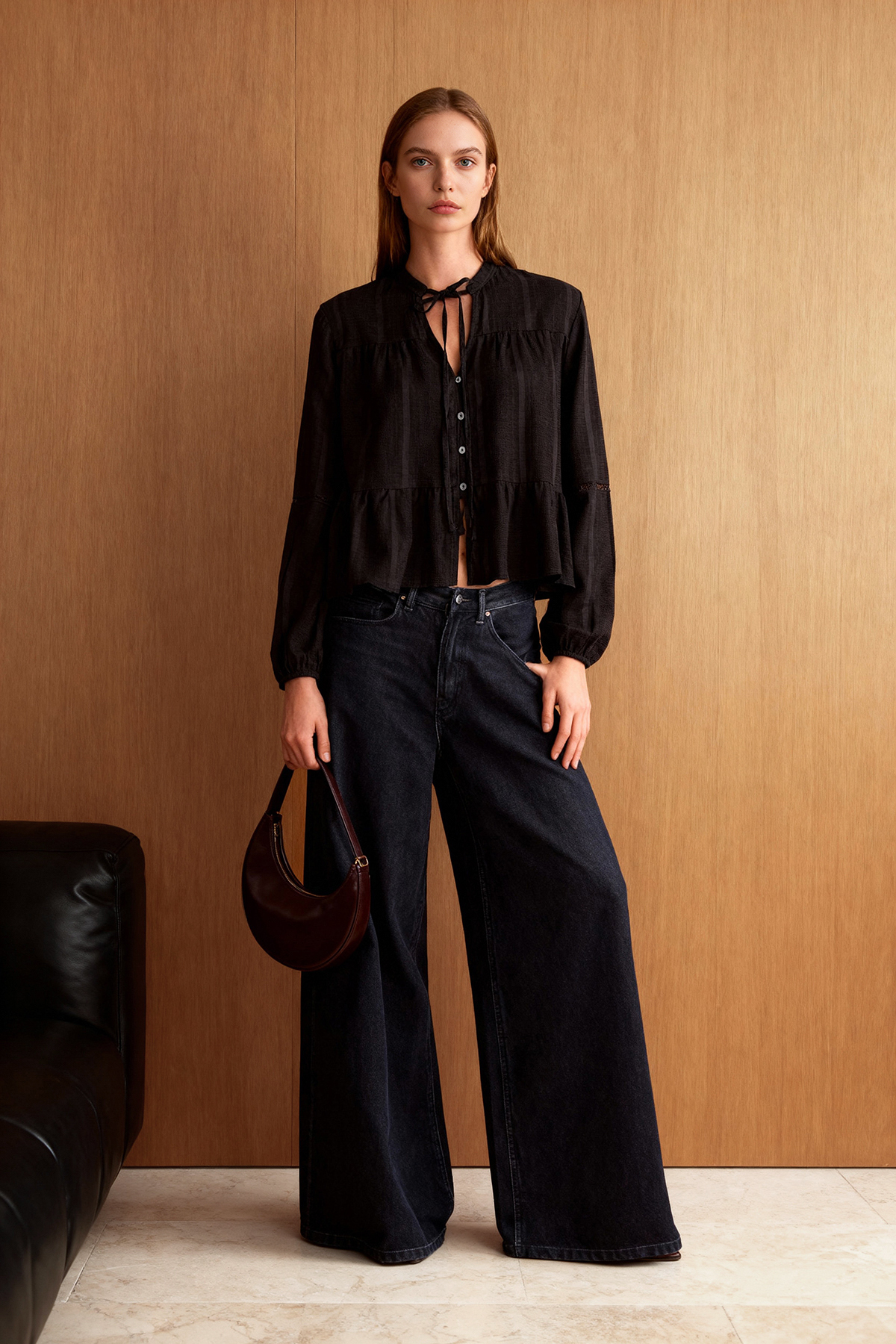 Trendyol Collection Czarna bawełniana koszula oversize z koronką na rękawach ...