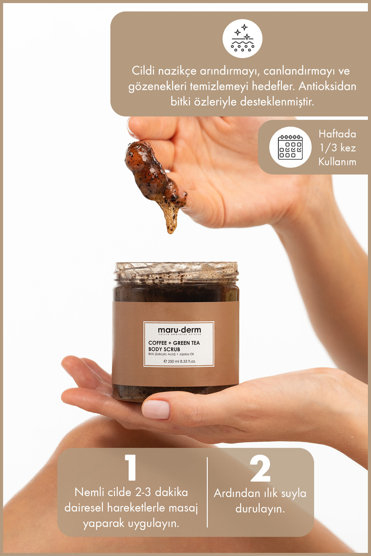 Body Scrub | Kahve + Yeşil Çay Özlü Vücut Peelingi | BHA + Jojoba Yağı 250 ML — 8682397031168 — تصویر 4 از 5