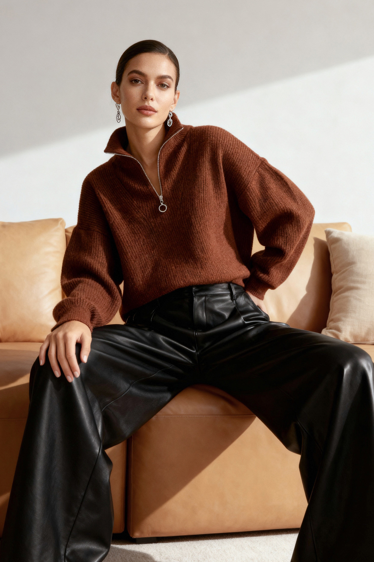 Trendyol Collection Hnědý pletený svetr s měkkou texturou na zip – udržitelnější TWOAW20XS0009