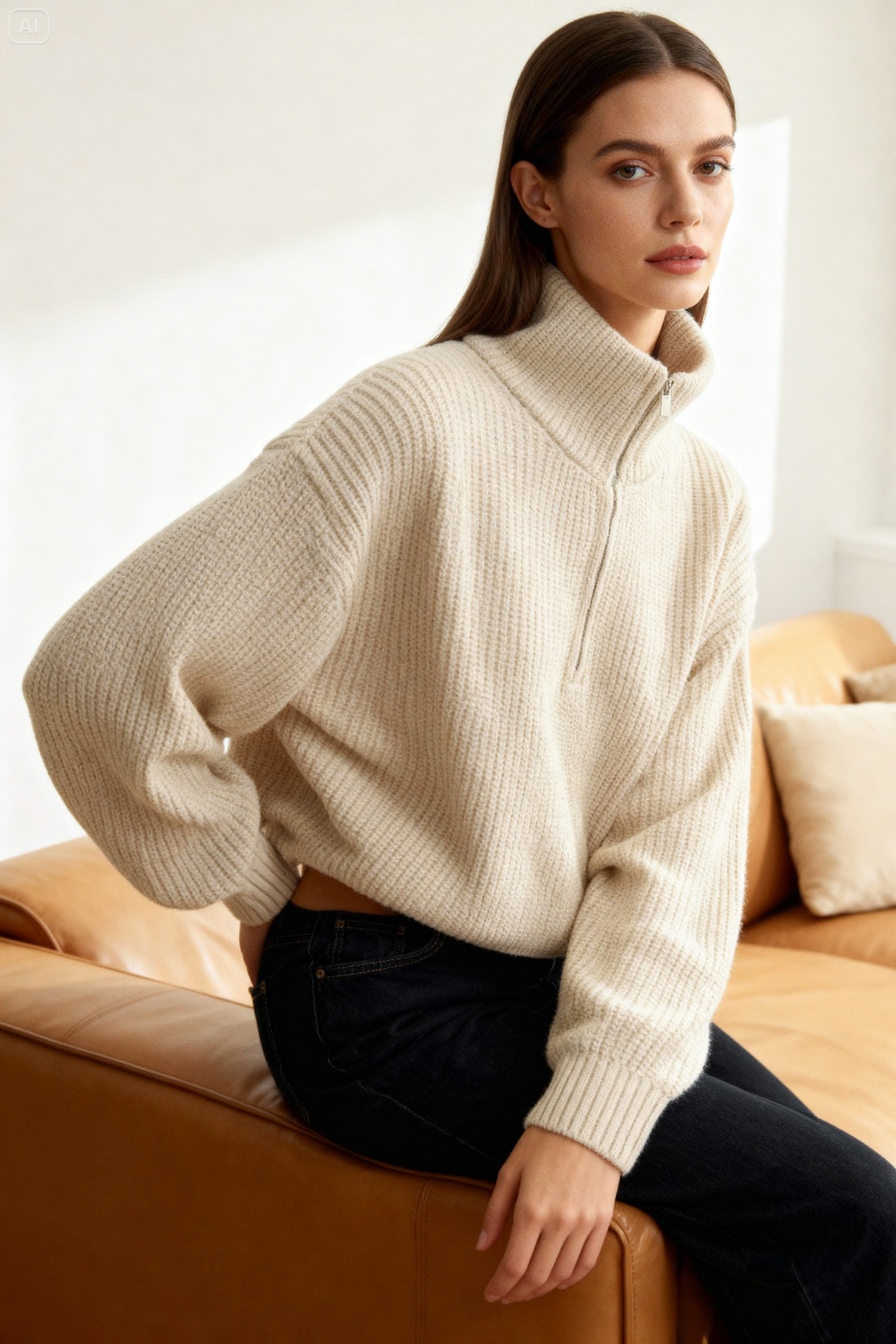 Trendyolmilla Ekru Süper Crop Fermuarlı Triko Kazak TWOAW24KZ00527