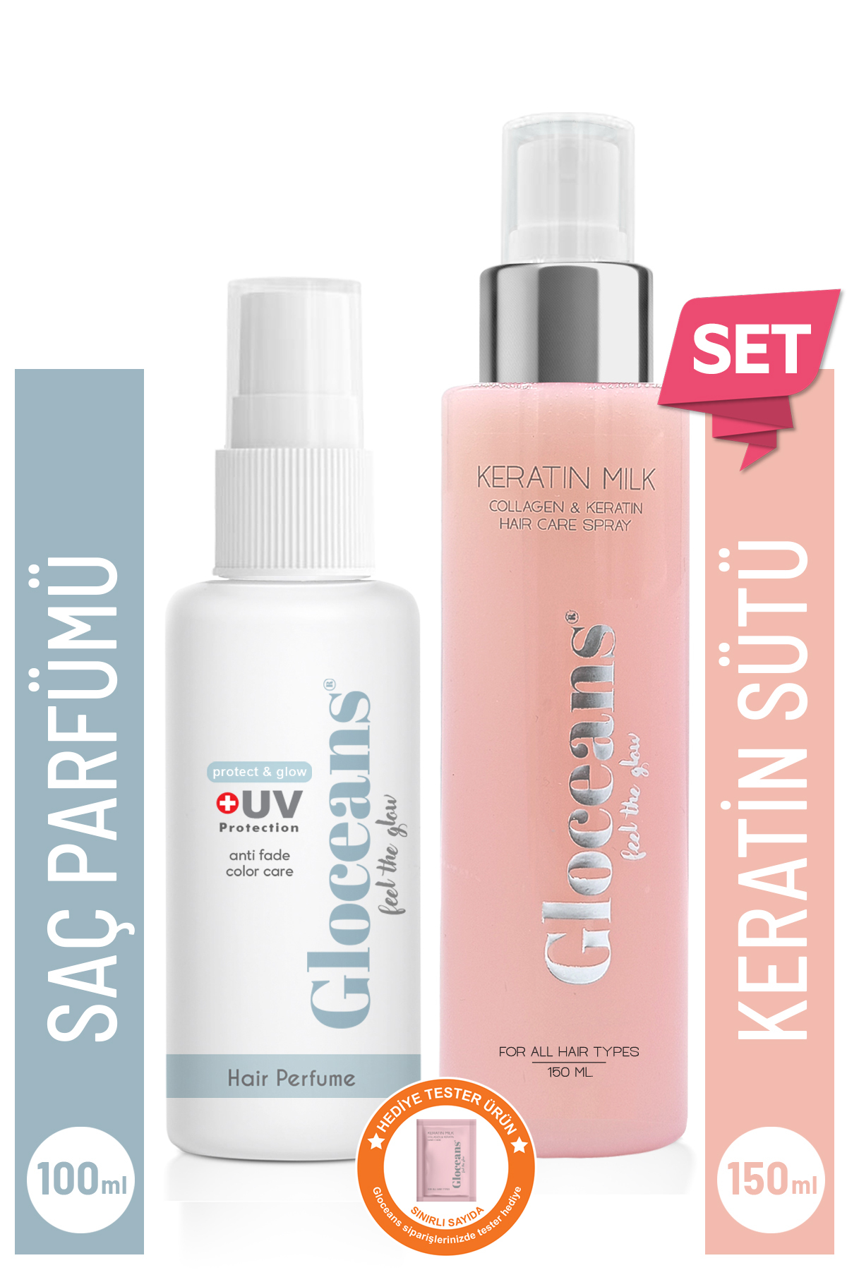 gloceans feel the glow Keratin Kolajen Saç Bakım Sütü 150ml Ve Protect&glow Saç Parfümü 100ml Bakım Seti