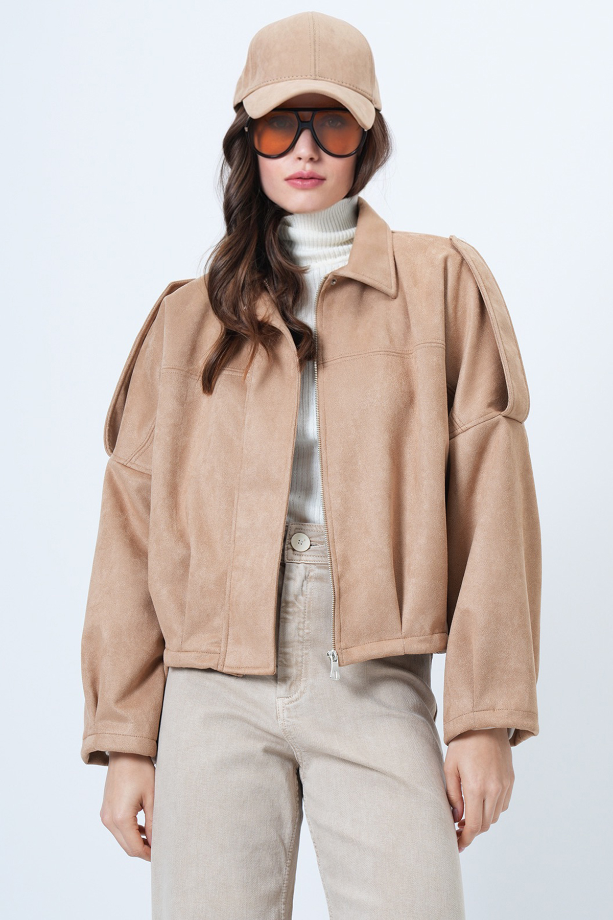 Beige Shoulder Epaulette Lined Faux Suede Bomber Jacket ALC-X14526
