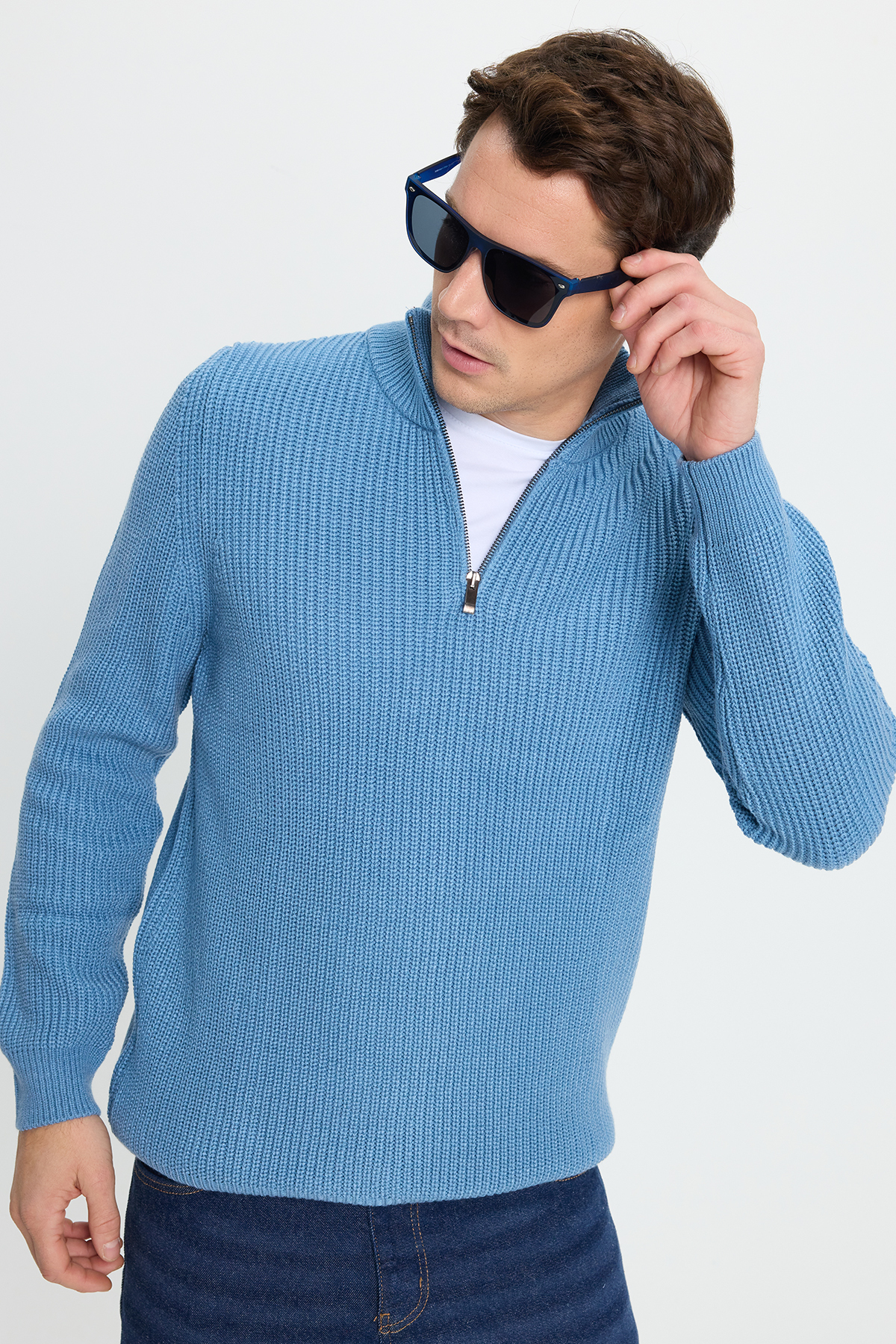 Erkek Slim Fit Dar Kesim Fermuarlı İndigo Dik Yaka Triko Kazak — رنگارنگ KZ230013 — تصویر 7 از 9