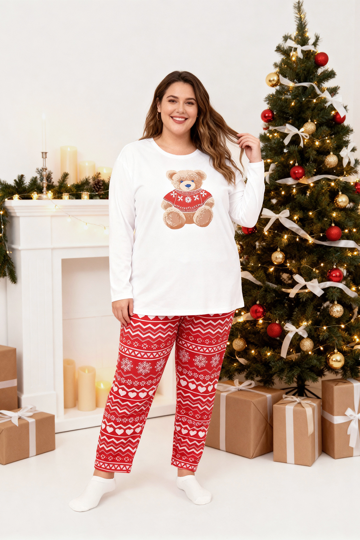 Trendyol Curve Rot-weiß kariertes/quadrisches Single-Jersey-Strickpyjama-Set TBBAW26AI00035