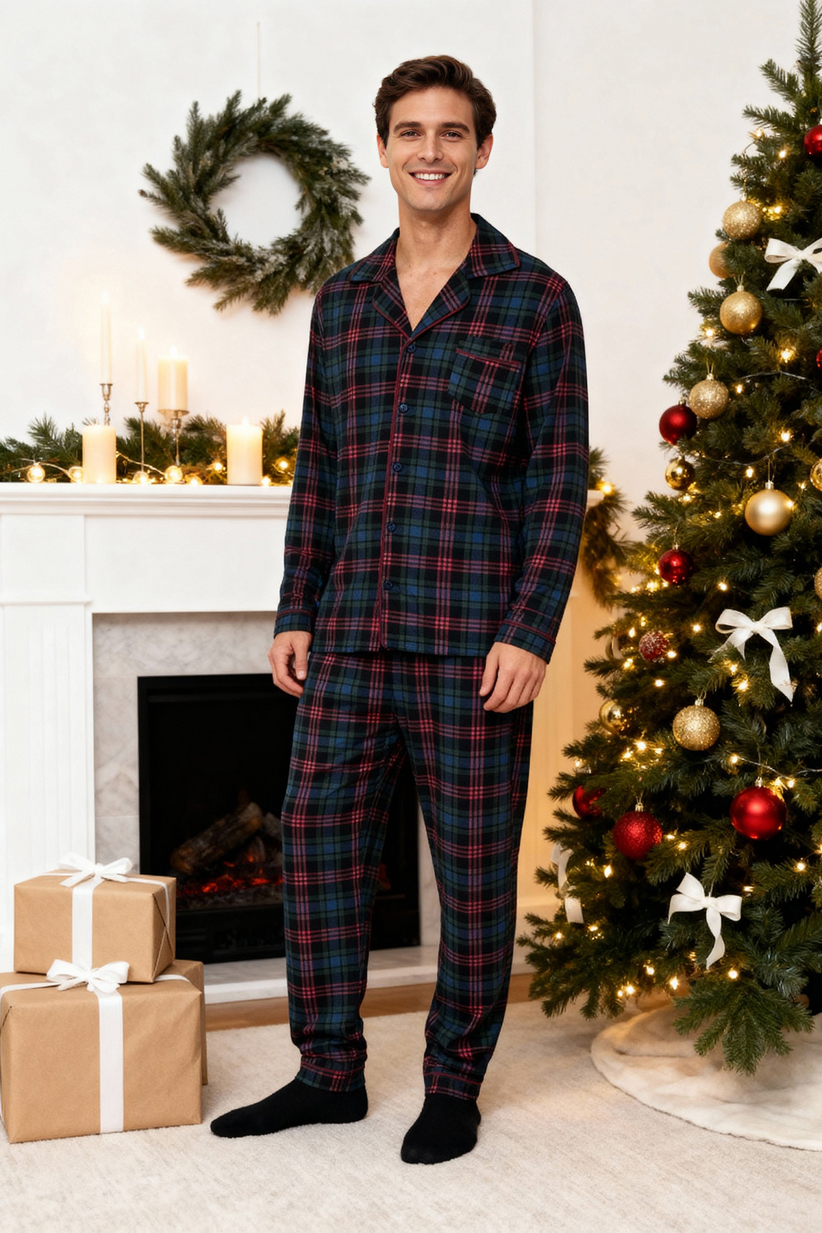 Trendyolmilla Man Lacivert Regular Fit Ekose Örme %100 Pamuk Pijama Takımı TMNAW24PT00026