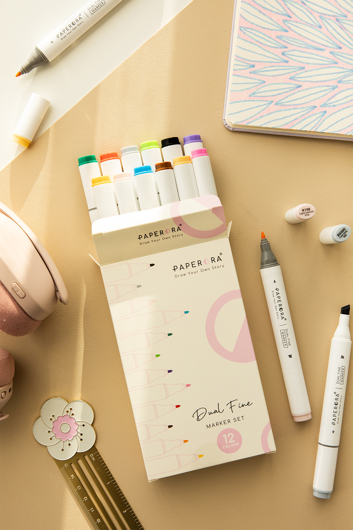 PAPERORA 12’li Çift Uçlu Alkol Bazlı Marker Kalem Seti – Fine + Chisel